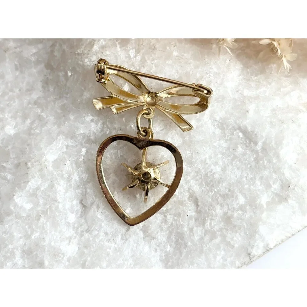 Gold Toned Matte Ribboned Bow Heart Shaped Orange Rhinestoned  Brooch